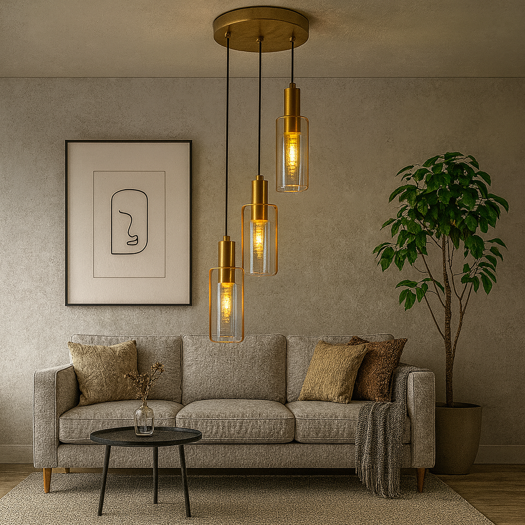 Modern living room with a gray sofa, decorative pillows, a small table, and pendant lights.