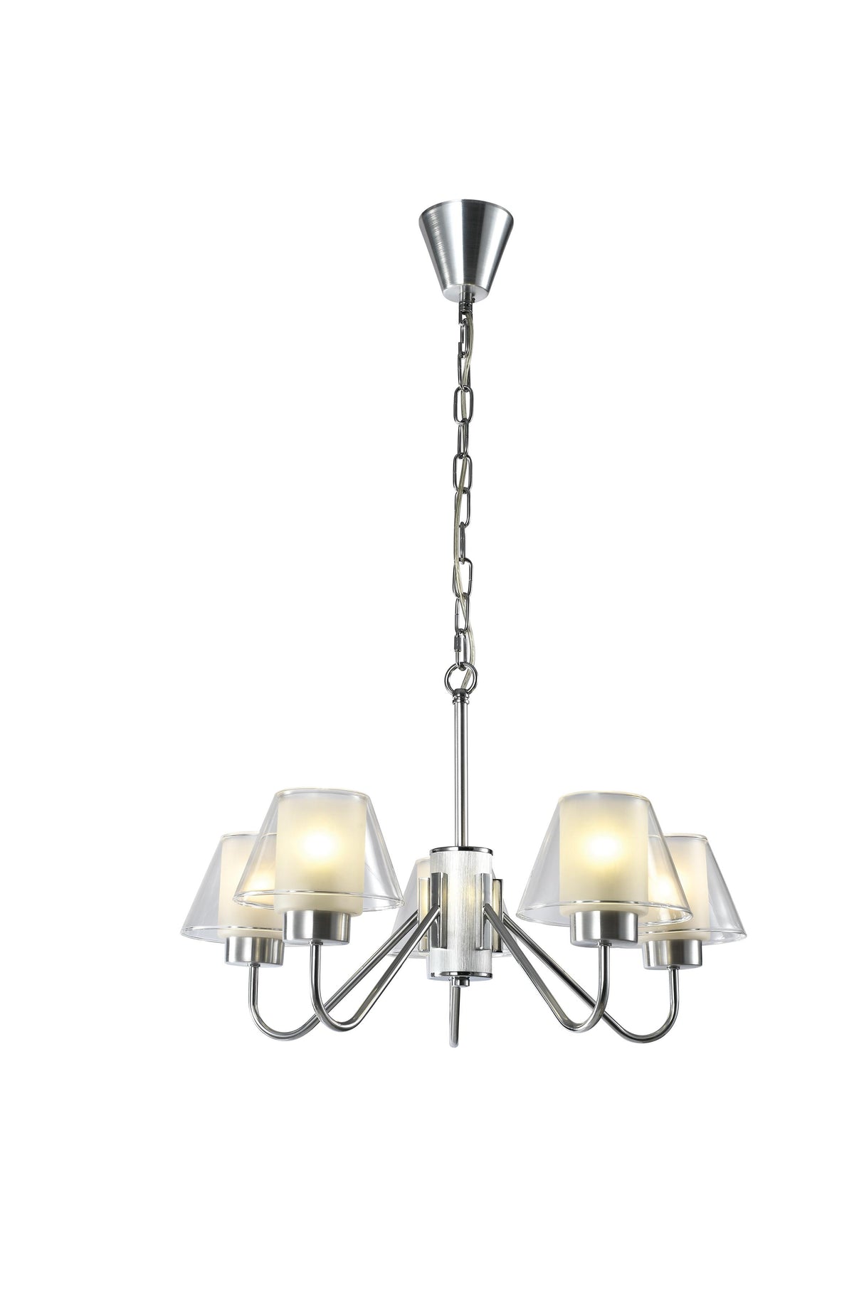 Modern brushed nickel chandelier with 5frosted glass cone-shaped shades, suspended by a chain.