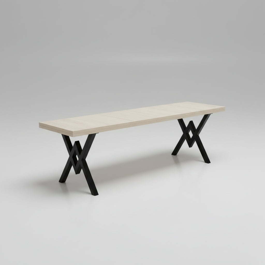 Wooden bench with black metal legs on a white background