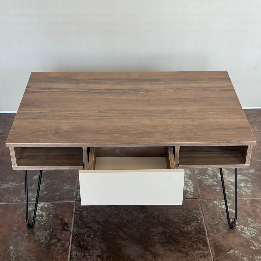 Top-down view of the table emphasizing the symmetrical design and hidden storage compart