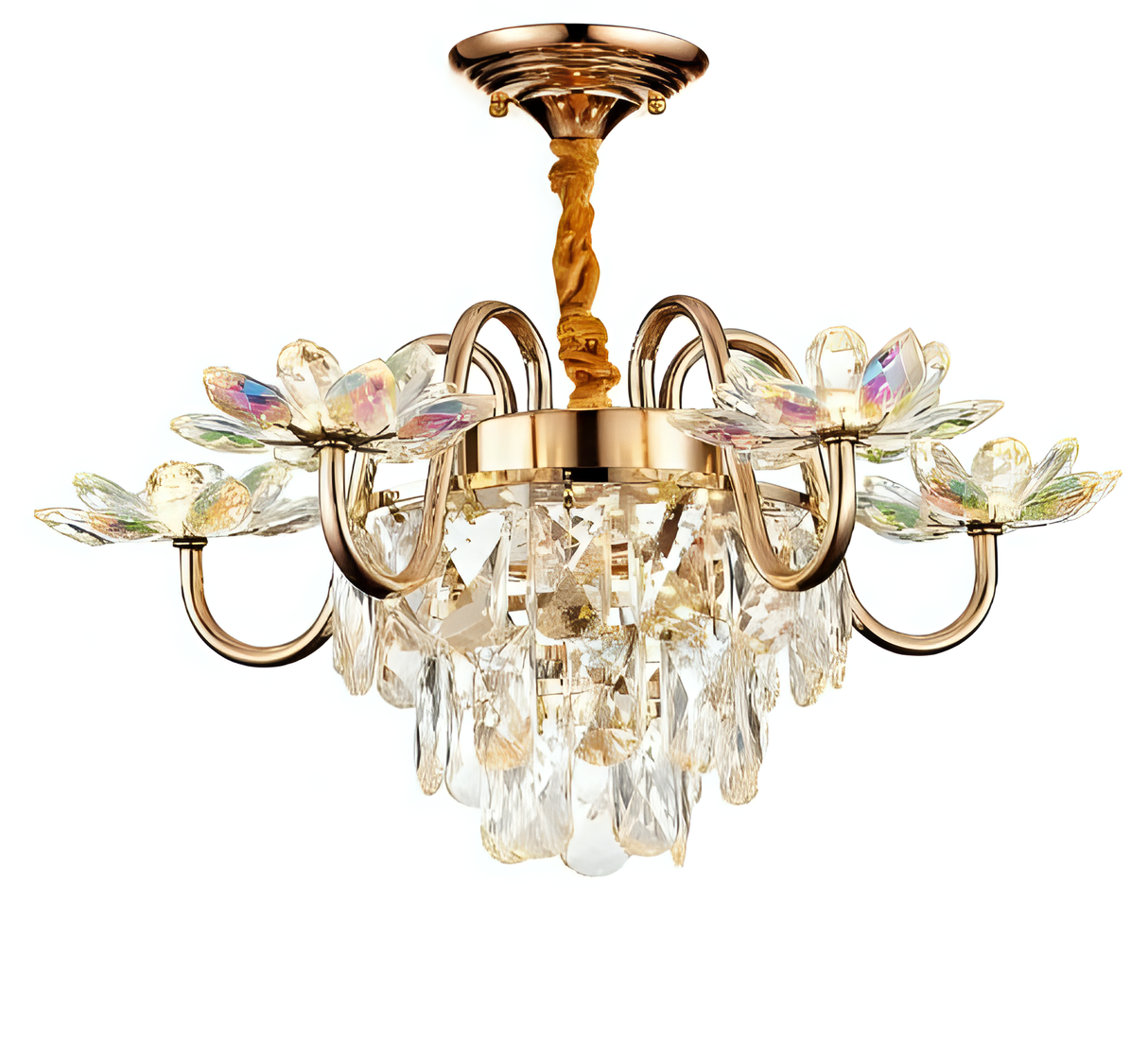 A modern classic semi-flush mount chandelier featuring gold metalwork and a twisted suspension rod. Its design includes crystal floral elements and faceted hanging drops that reflect light beautifully, suited for elegant bedrooms or sitting areas.