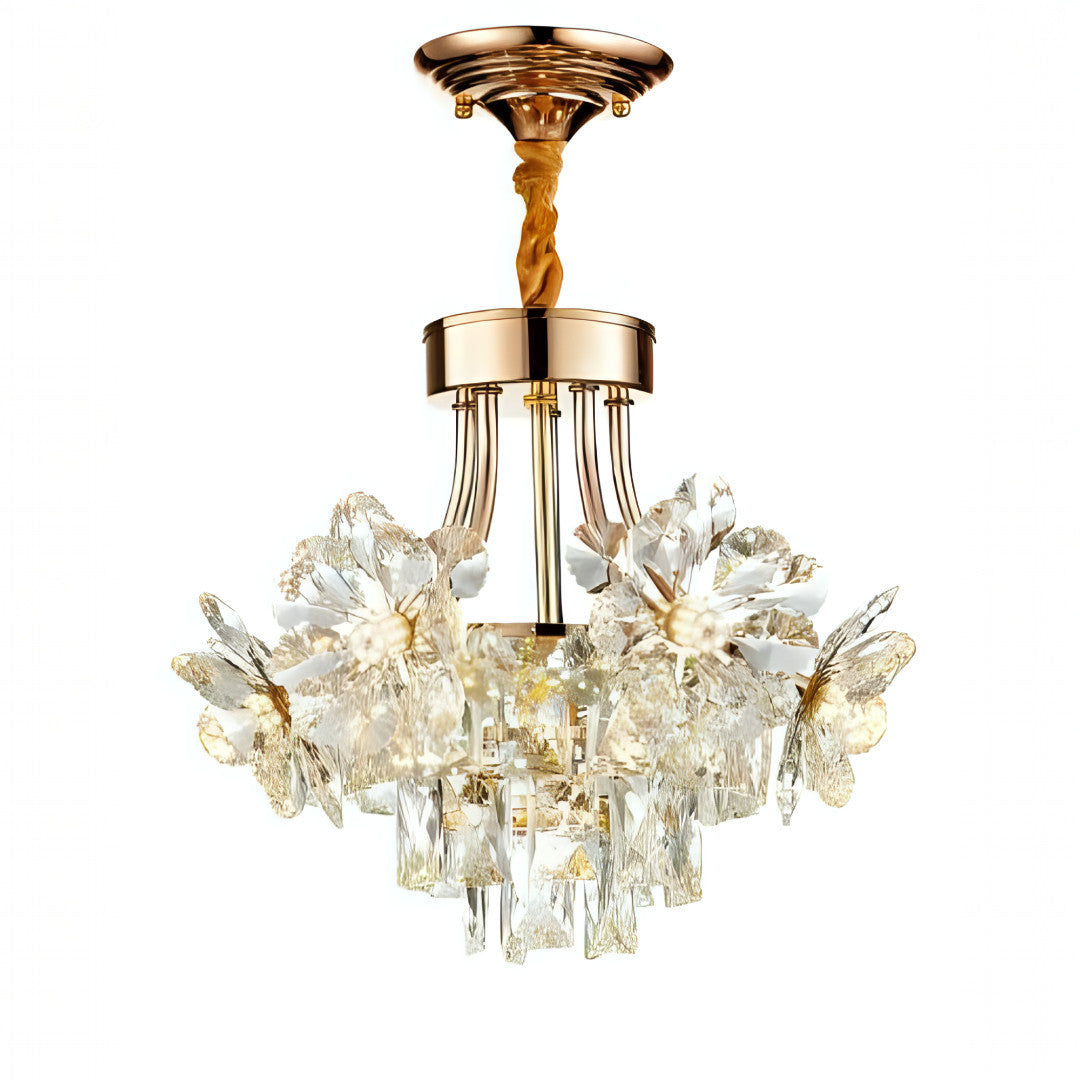 A luxurious gold and crystal ceiling chandelier with a twisted golden suspension rod. It features a compact round gold base and is adorned with delicate flower-like crystal petals arranged in a circular cluster. Ideal for low to medium-height ceilings in formal living or dining rooms.