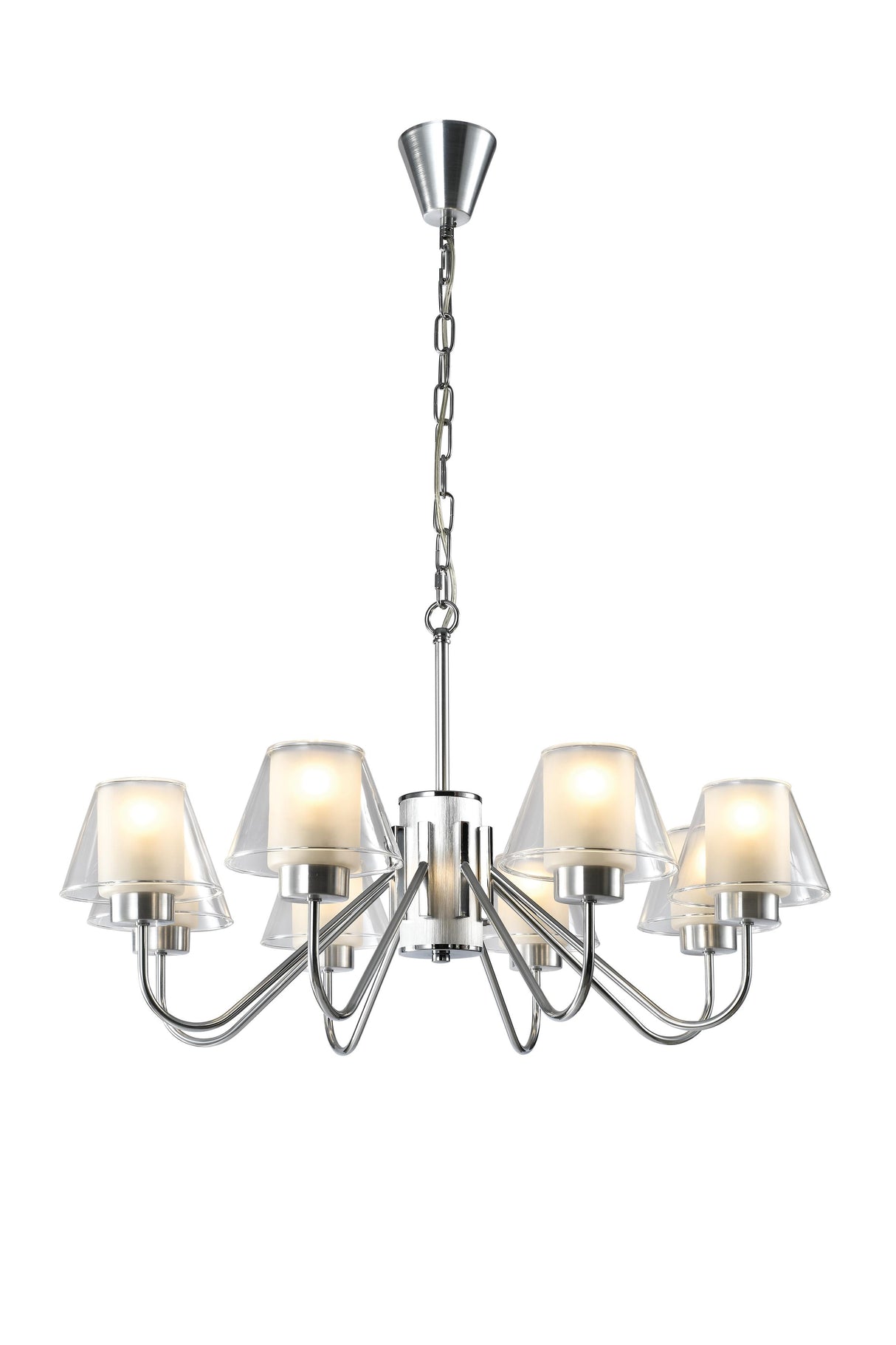 Modern brushed nickel chandelier with six frosted glass cone-shaped shades, suspended by a chain.