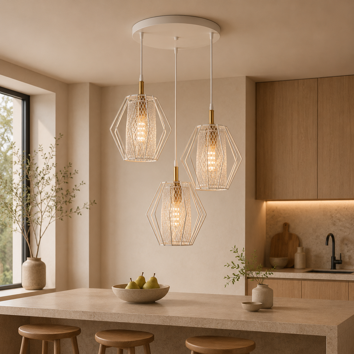 G09-3WH'' 3 Light Pendant Fixture, White Finish