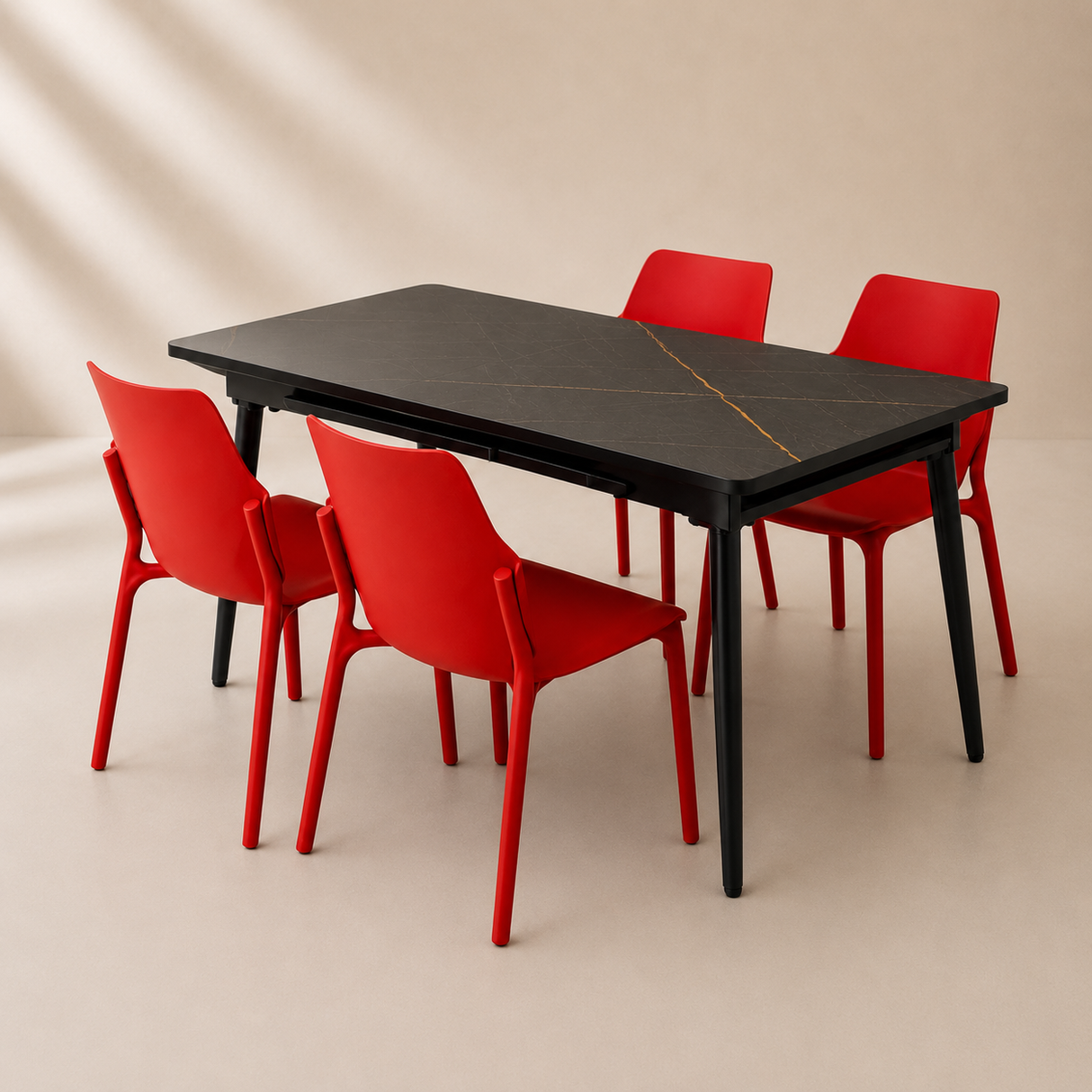 Extendable Dining Table, 120x80cm to 155x80cm With Red Chairs