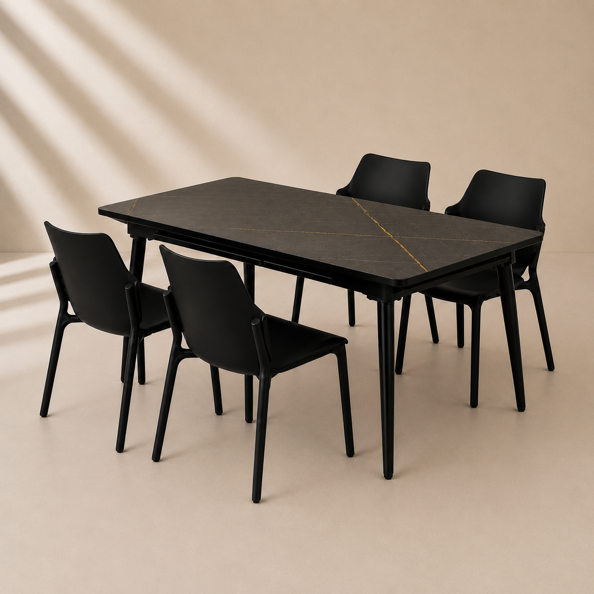 Extendable Dining Table, 120x80cm to 155x80cm With Black Chairs