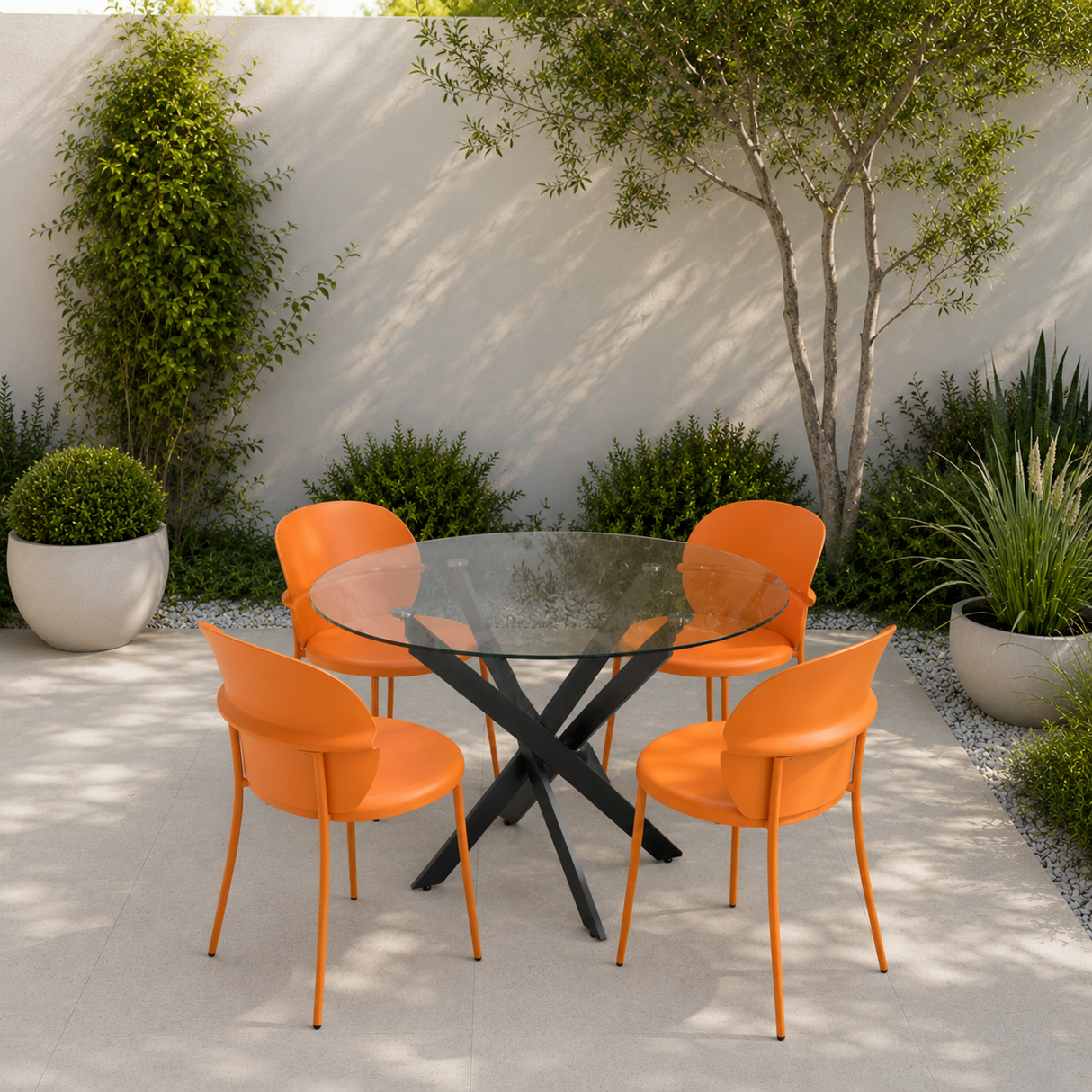 Modern Glass Table 90cm with 4 orange Chairs