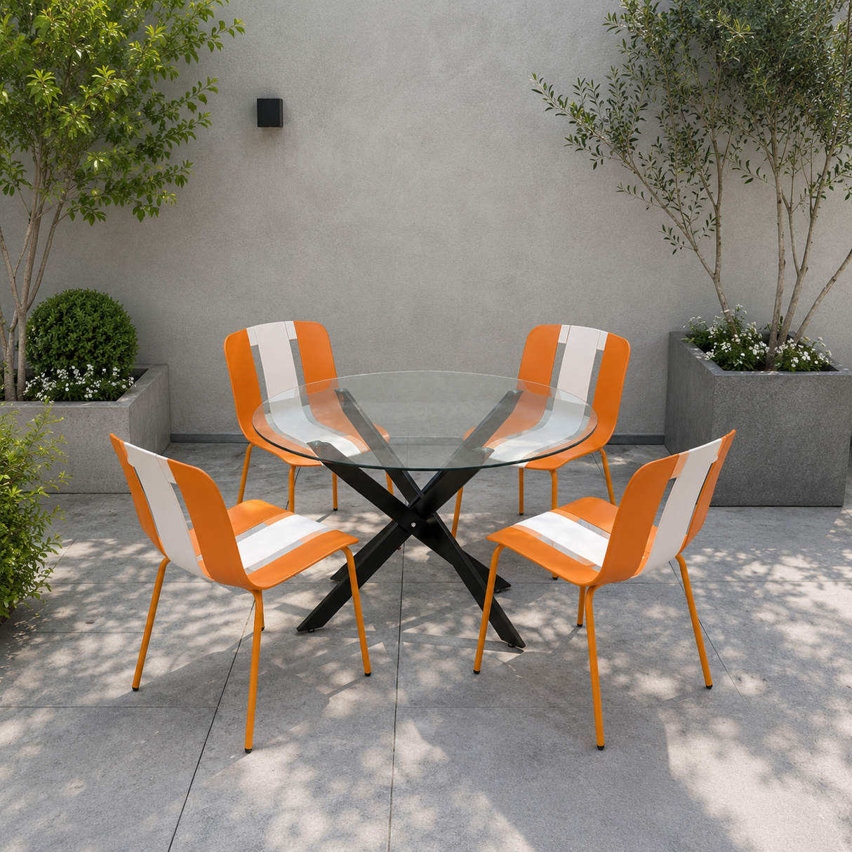 Modern Glass Table 90cm with 4 Orange Chairs