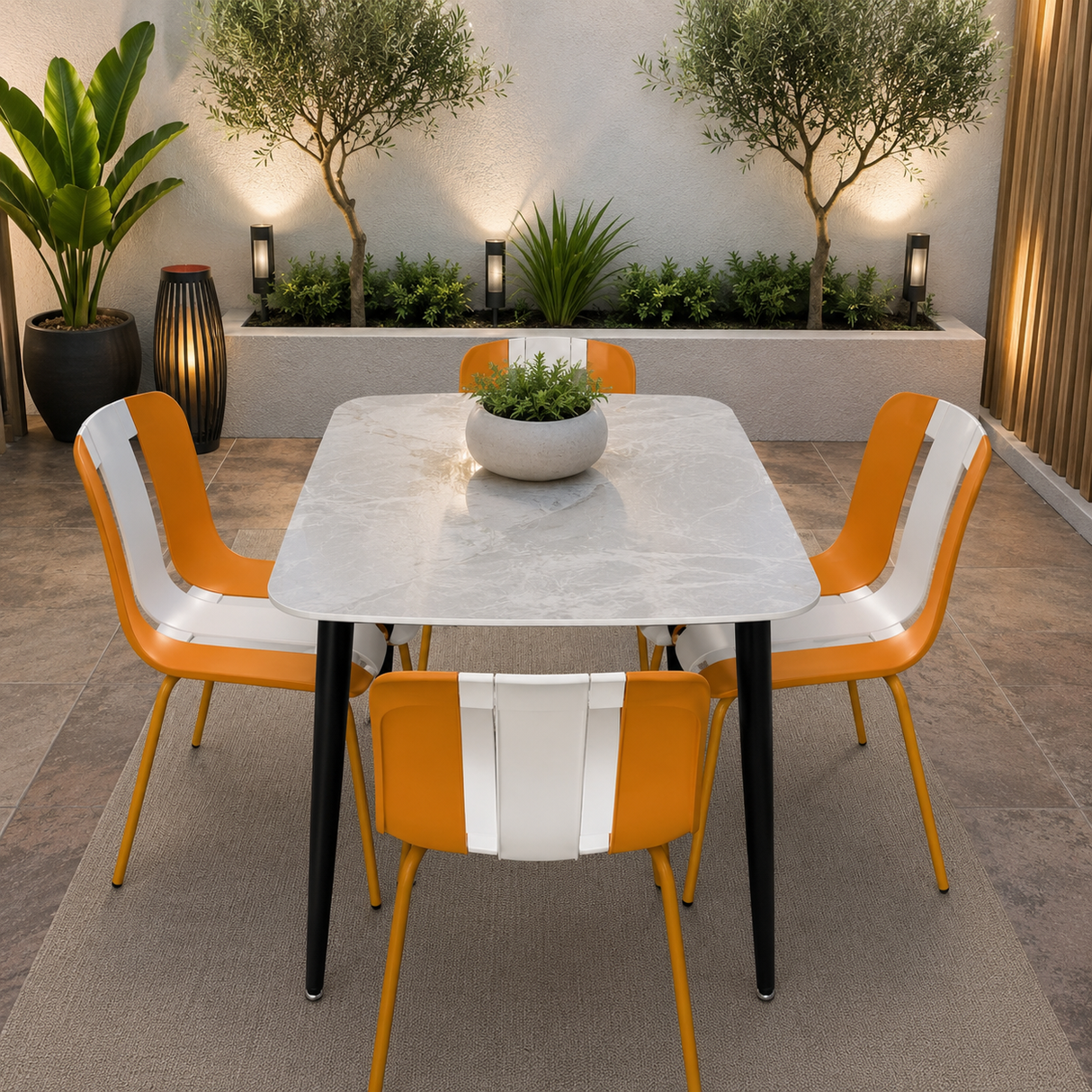 Ceramic table, Grey Finish 118x78cm With 4 Orange chairs