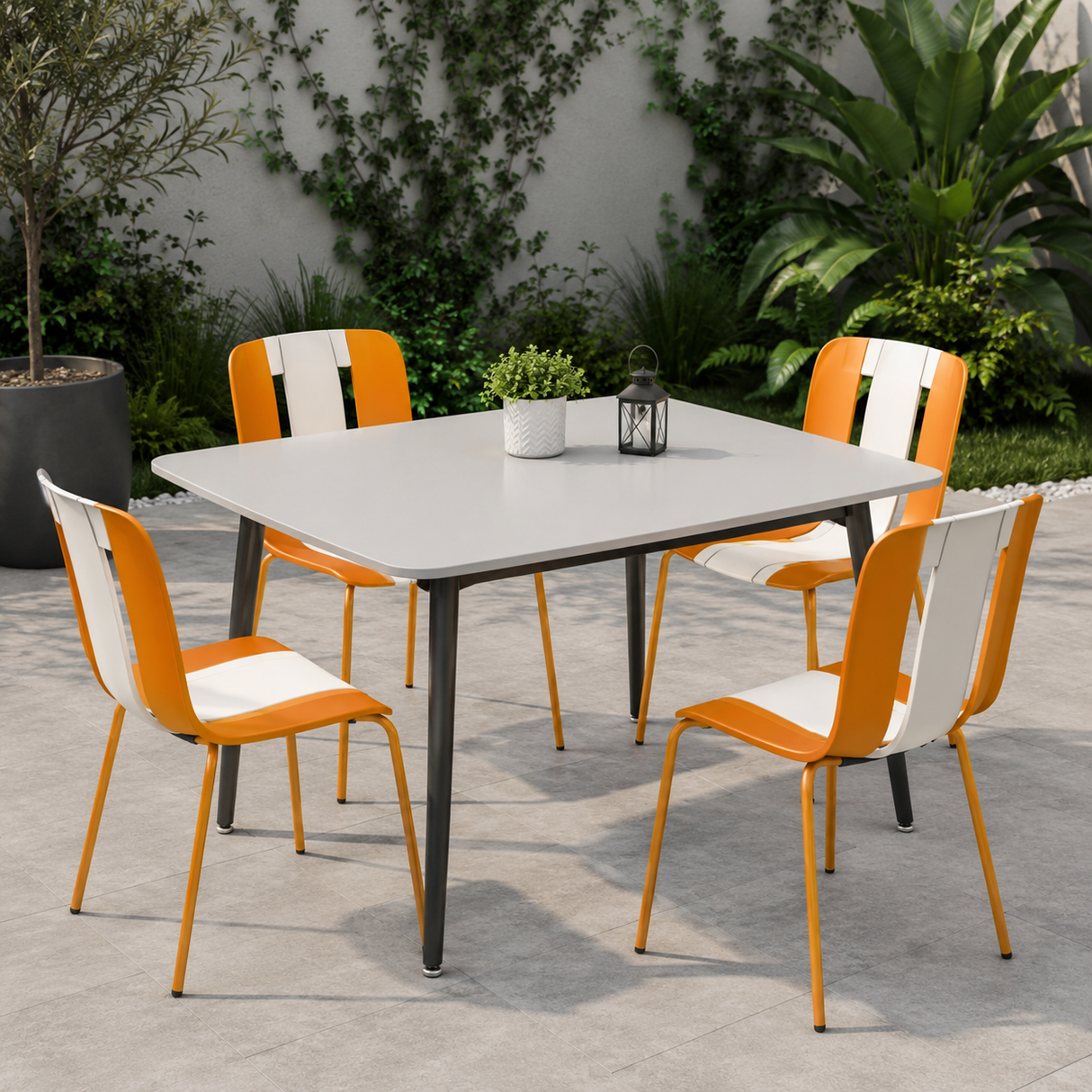 Ceramic Dining Table, White Finish 118x78cm With 4 Orange Chairs