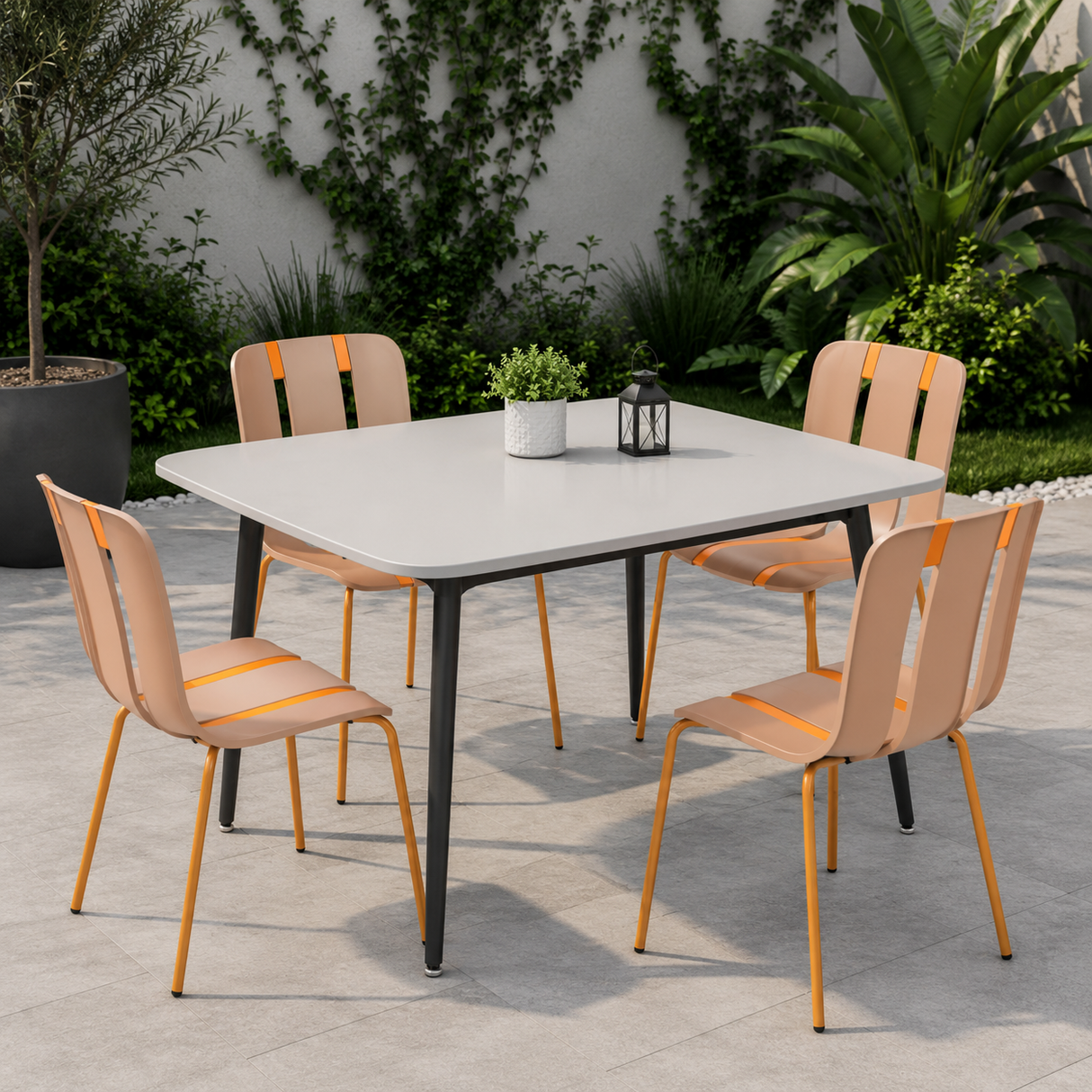 Ceramic Dining Table, White Finish 118x78cm With 4 Mocca Chairs