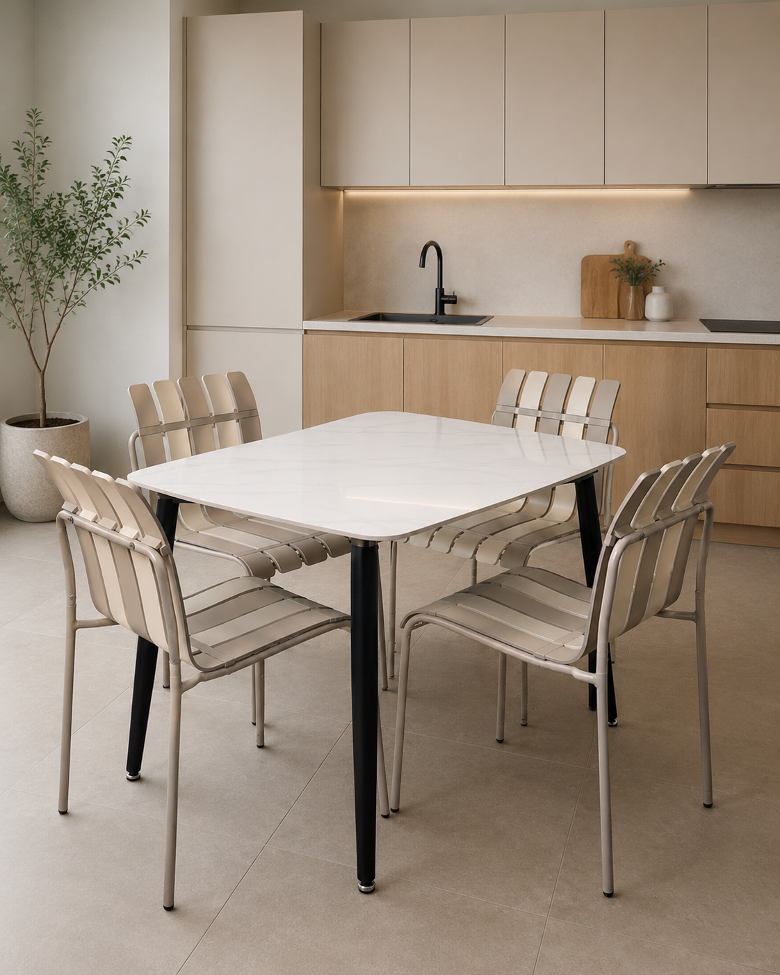 Ceramic table, White Finish 118x78cm With 4 chairs