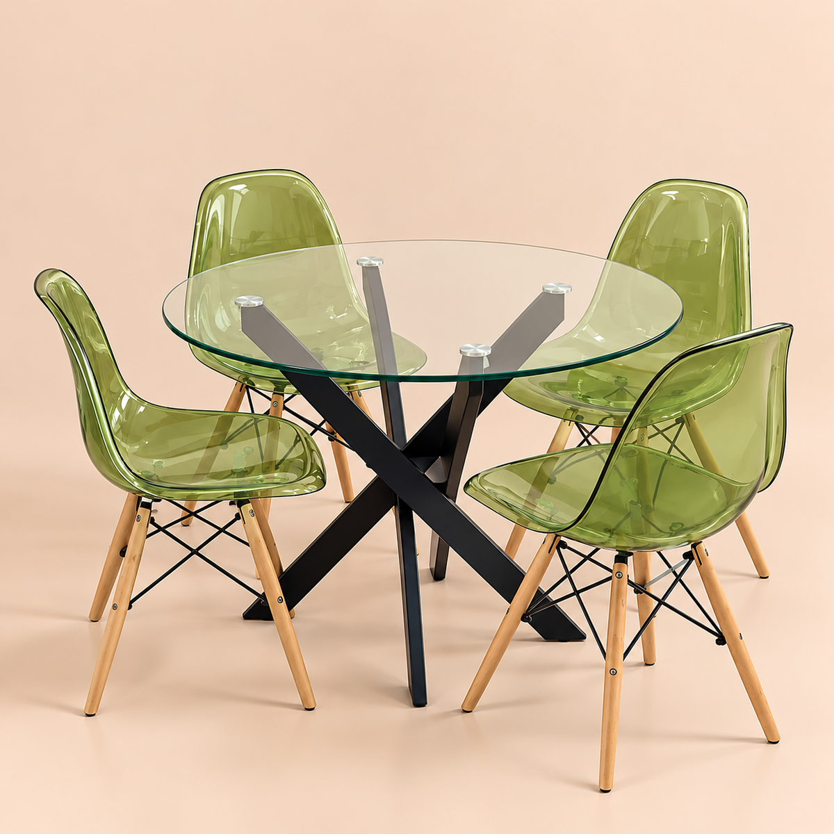 Modern Glass Table 90cm With 4 Green Chairs