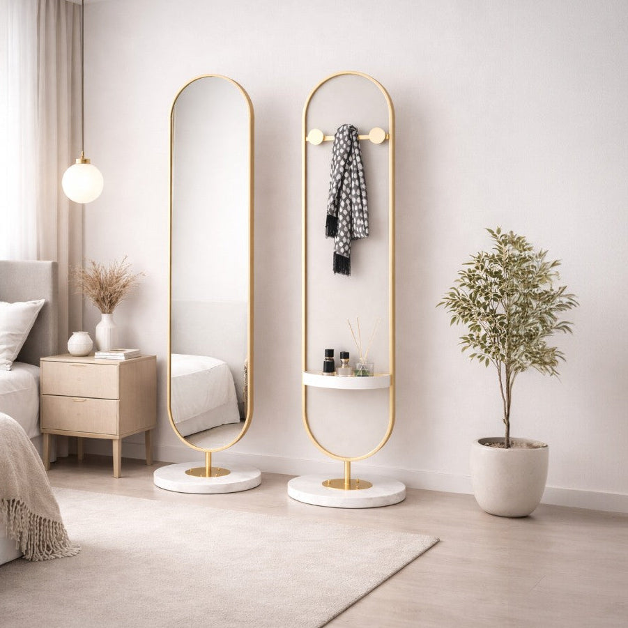 Modern bedroom with two tall floor mirrors and minimal decor.