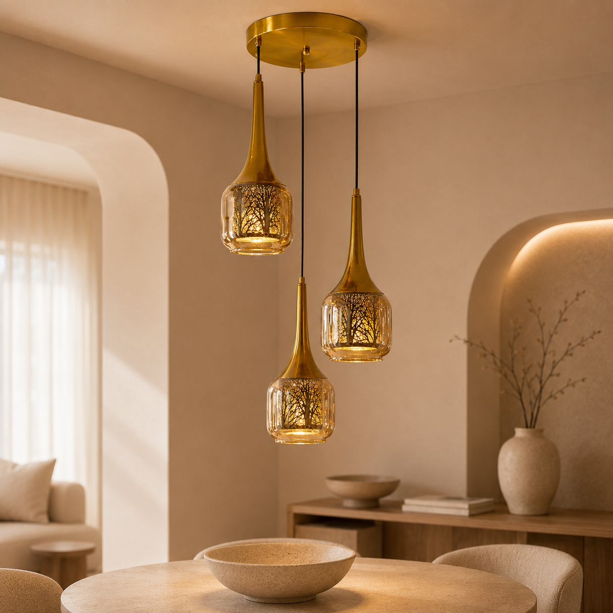 CD4094-3A'' Triple Pendant Light, Gold & Black Finish