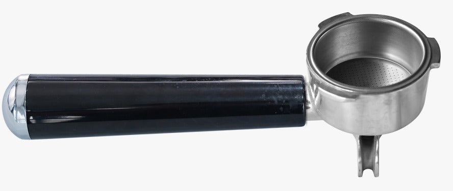 Coffee tamper with black handle and metal chamber on a white background