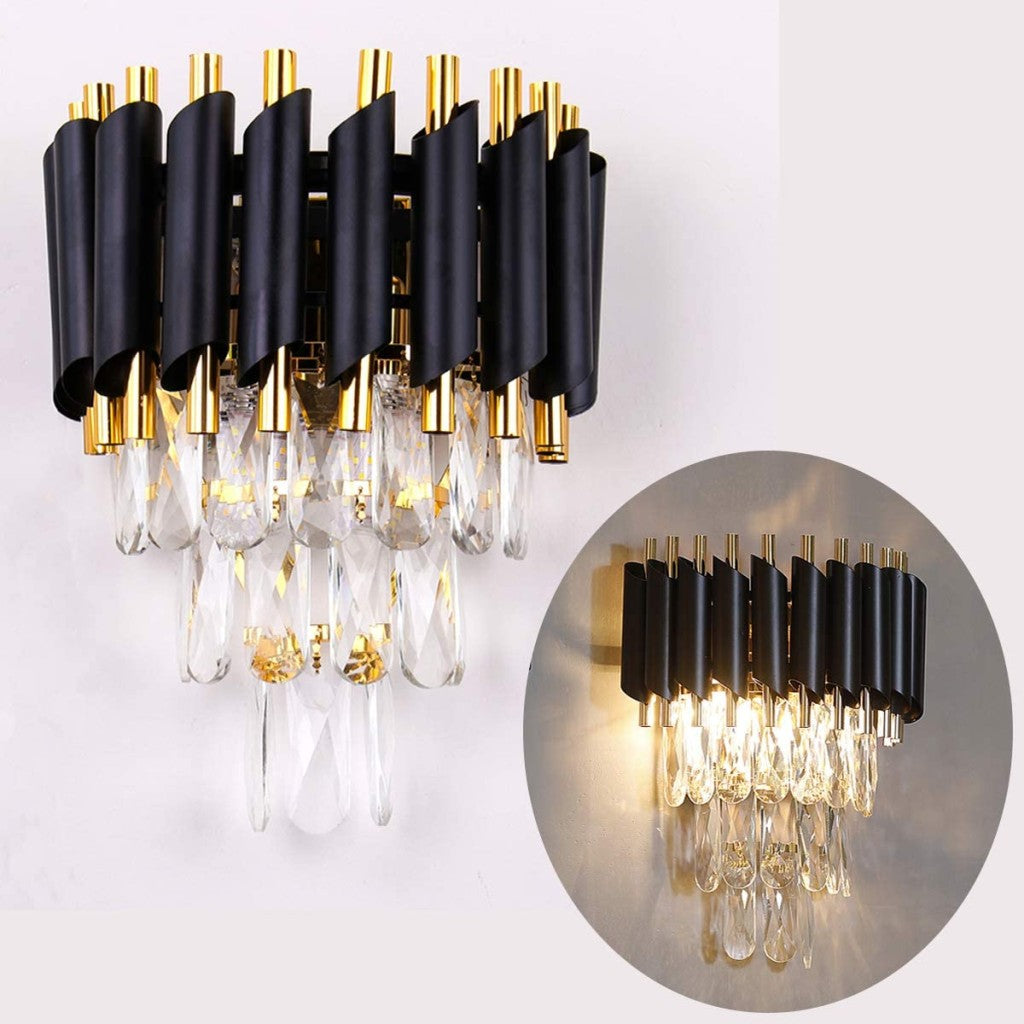A luxurious lighting fixture composed of sleek black and gold metal rods, adorned with shimmering crystal droplets that hang gracefully.