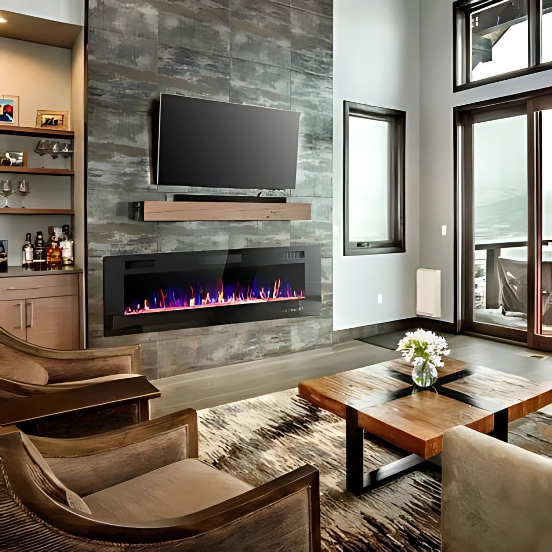 Modern living room with electric fireplace, TV, and furniture.