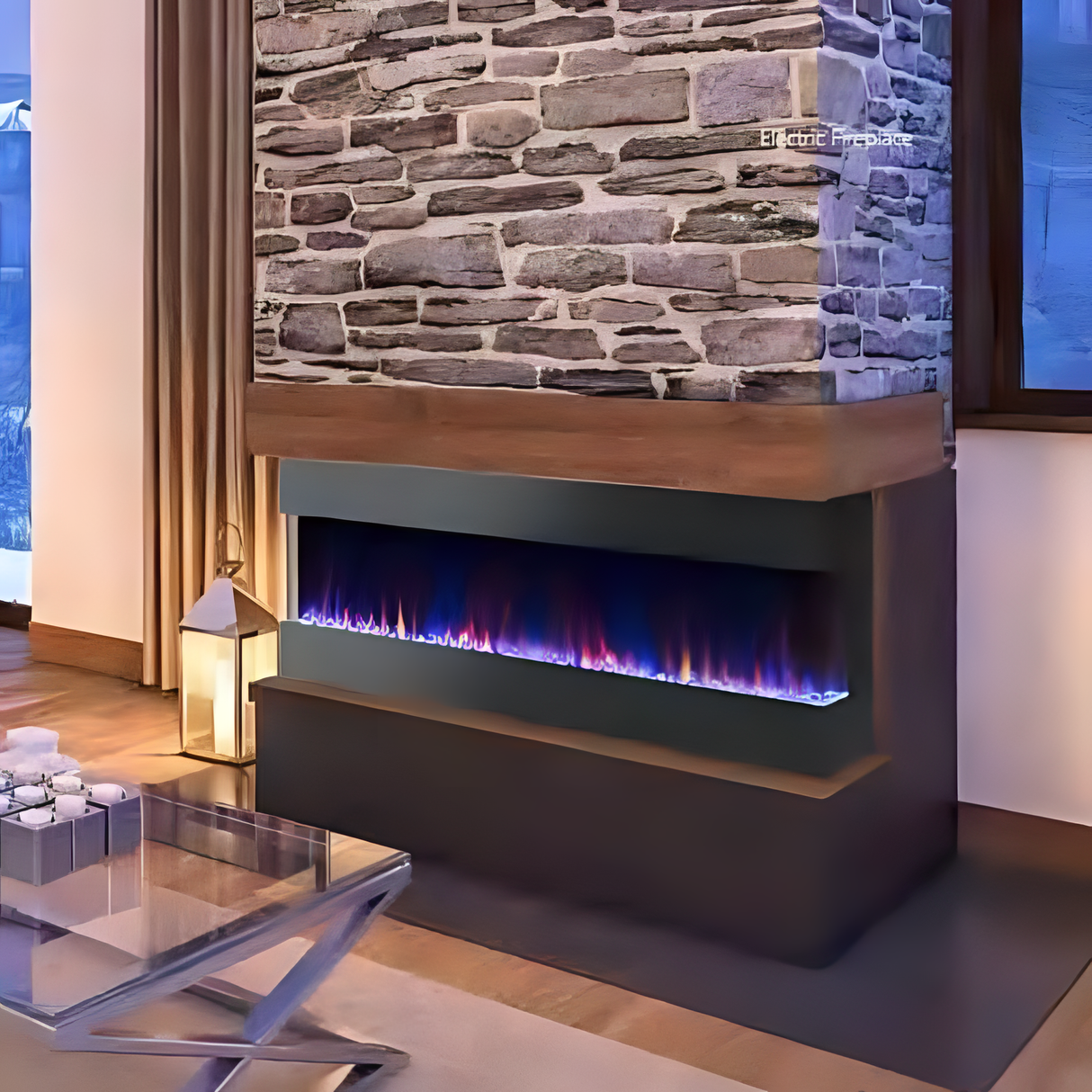 A modern fireplace with blue flames, set in a stone accent wall and positioned in a cozy living room with warm lighting.