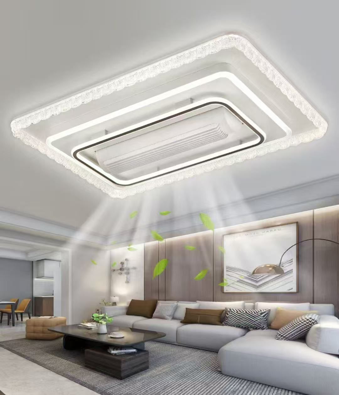 Modern living room with a ceiling light fixture