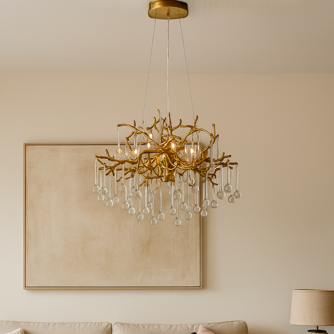 Gold chandelier with crystal accents hanging above a sofa against a beige wall.