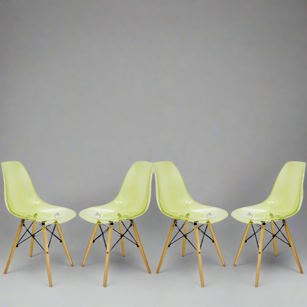 Four translucent green plastic chairs with wooden legs, arranged in a semicircle on a beige background.