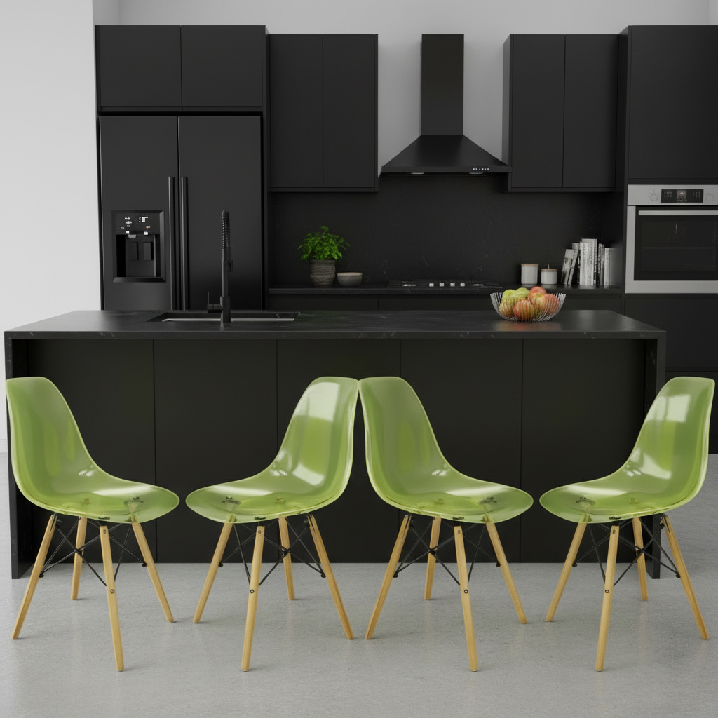 Four translucent green plastic chairs with wooden legs, arranged in a semicircle on a beige background.