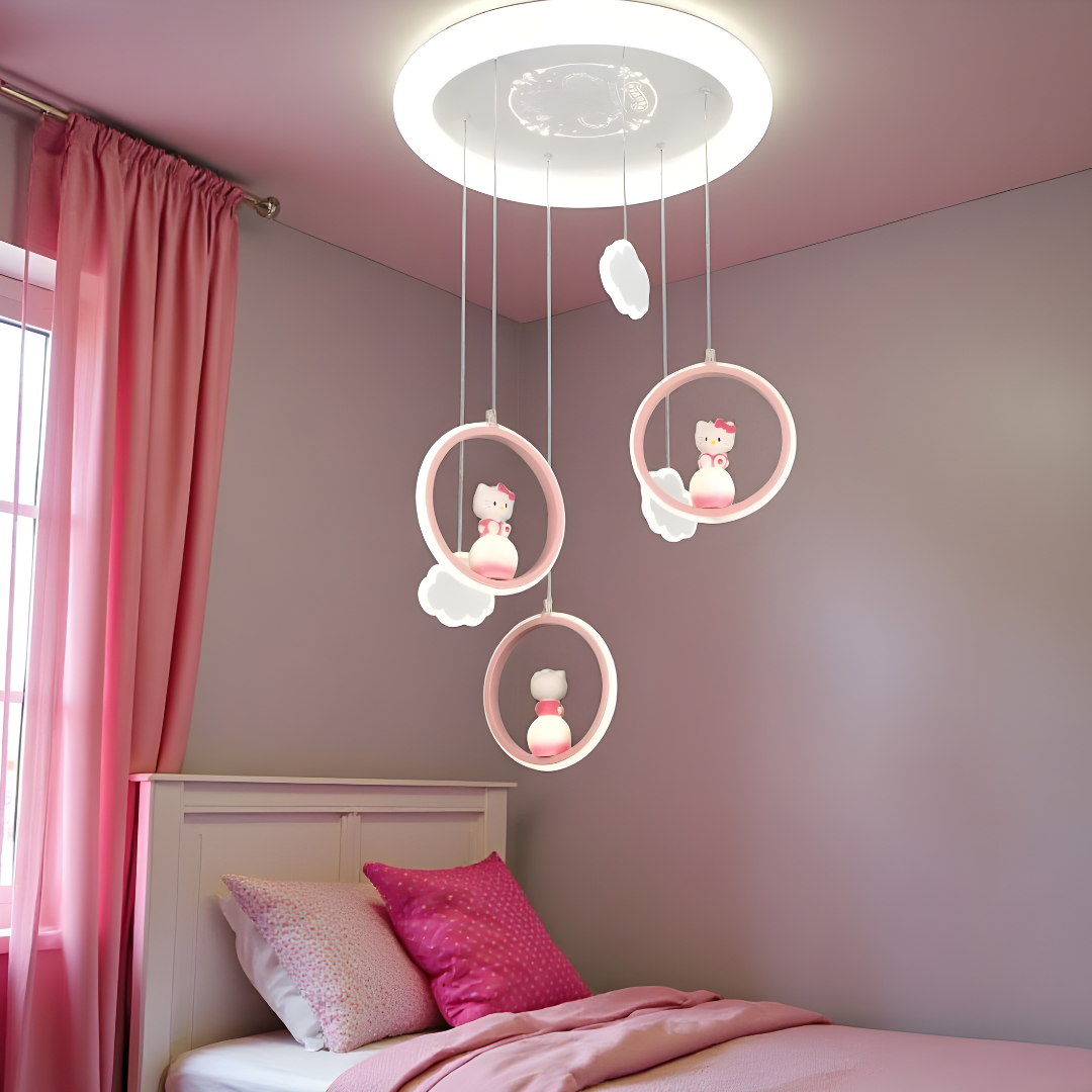 Children's bedroom with pink walls, pink curtains, and decorative hanging lights.