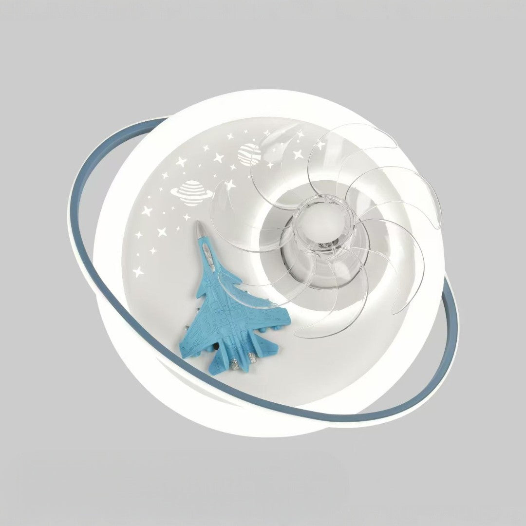 Ceiling fan with starry design on a gray background