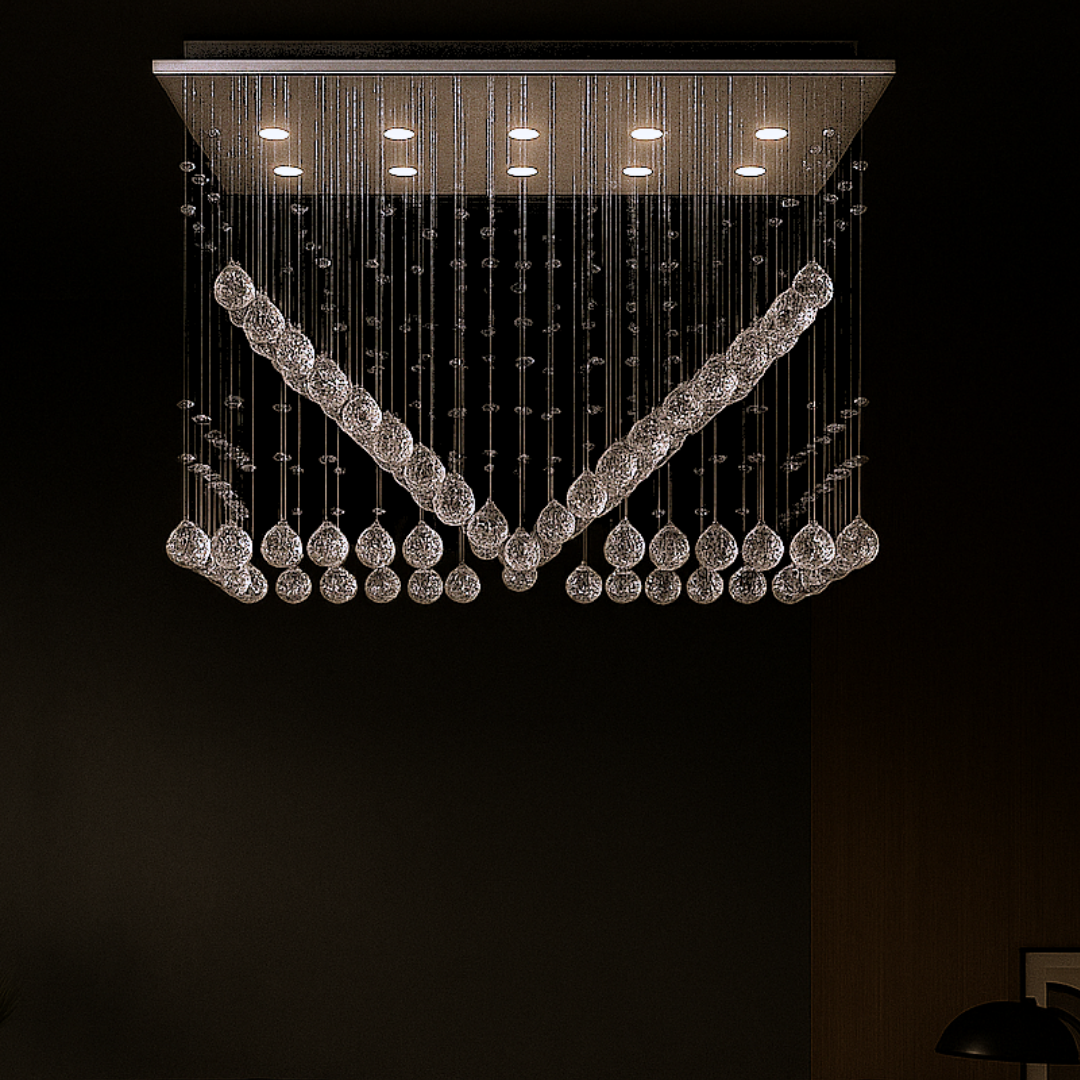 Modern chandelier with crystal accents on a black background