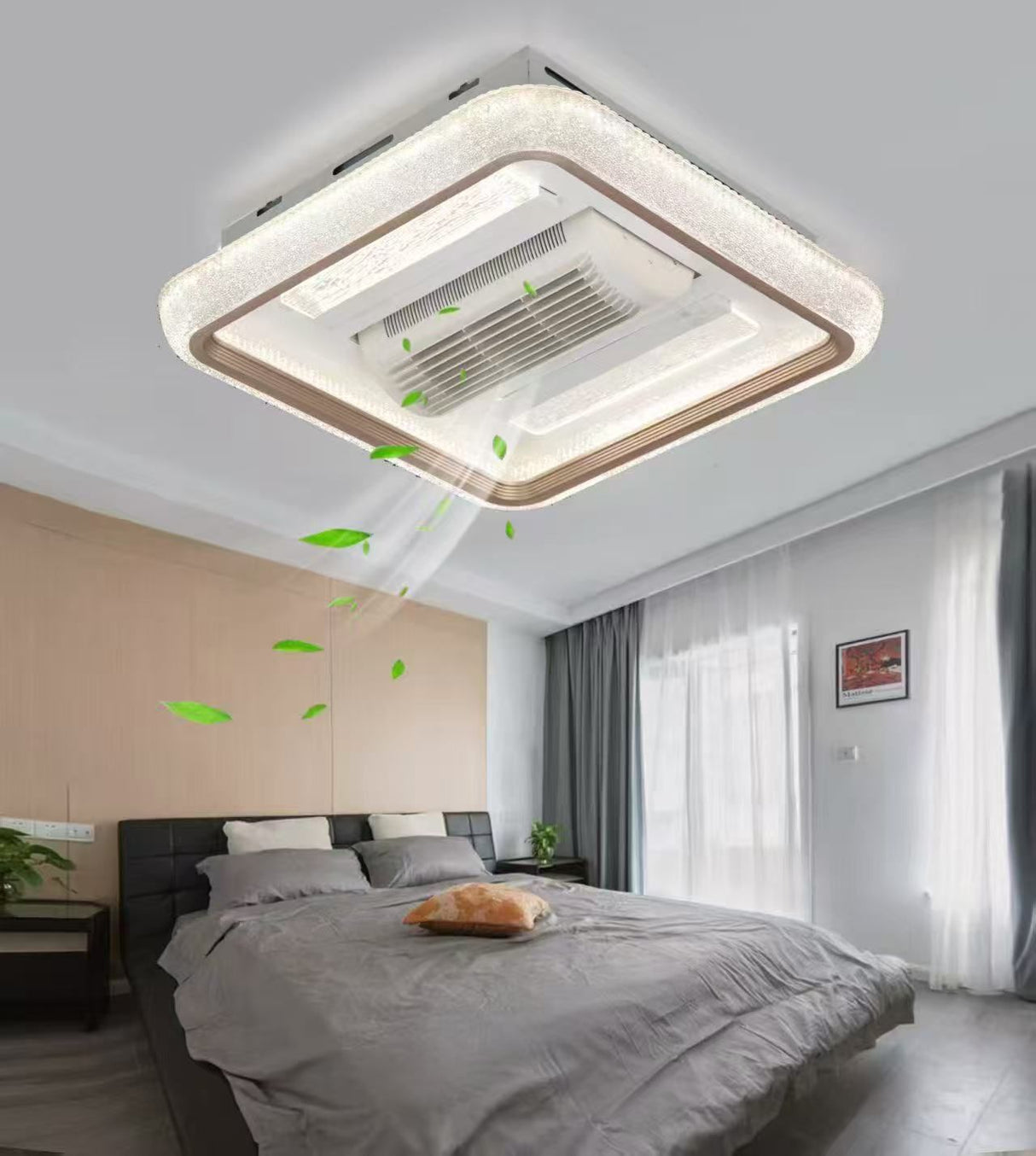 Ceiling-mounted air conditioning unit with LED light fixture in a bedroom setting.