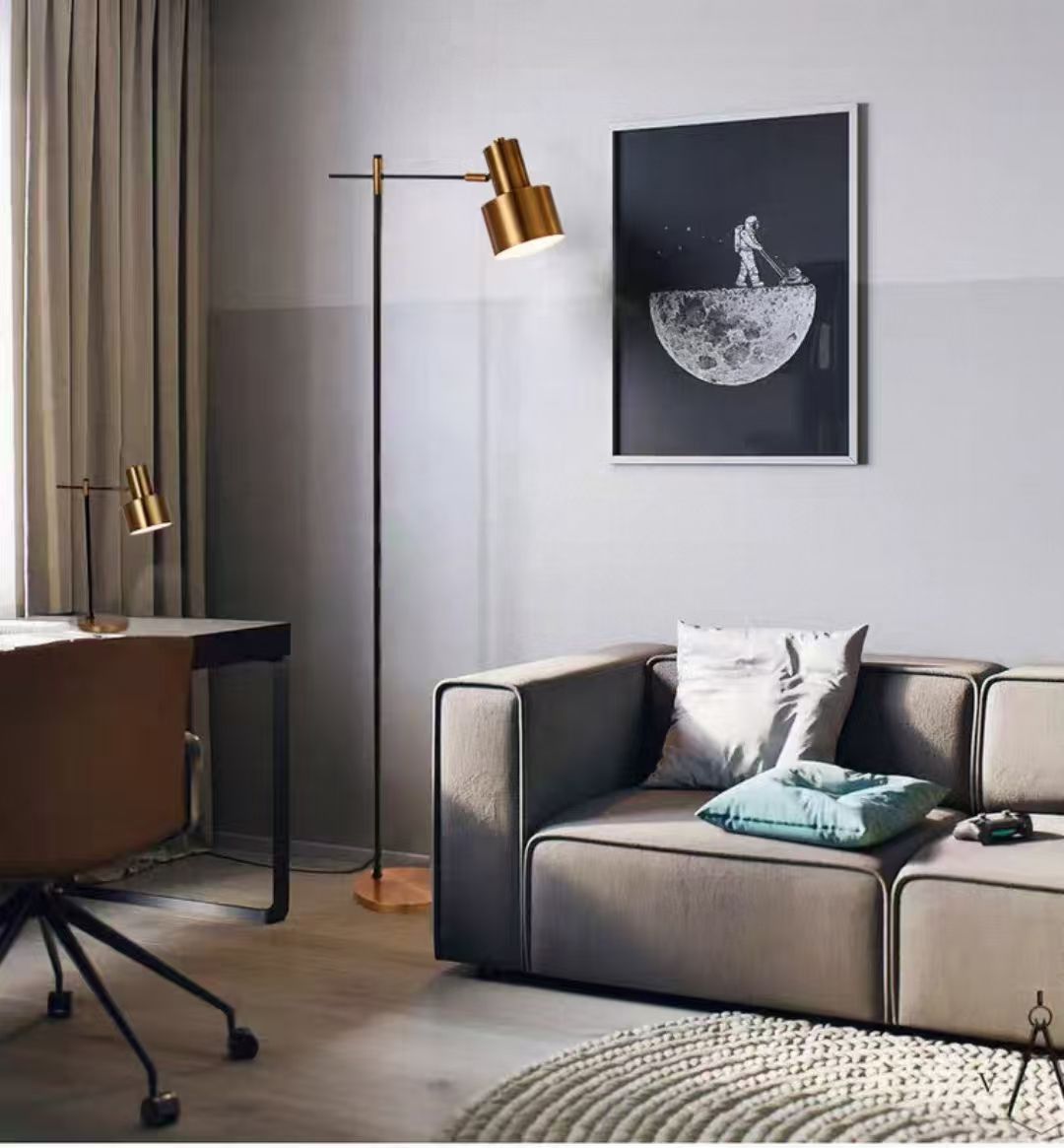 Modern living room with a sofa, floor lamp, and wall art.