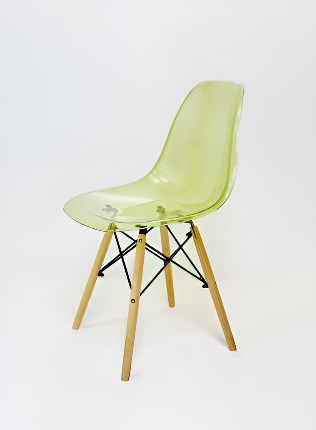 A modern minimalist chair with a green plastic seat and a wooden frame and casters.