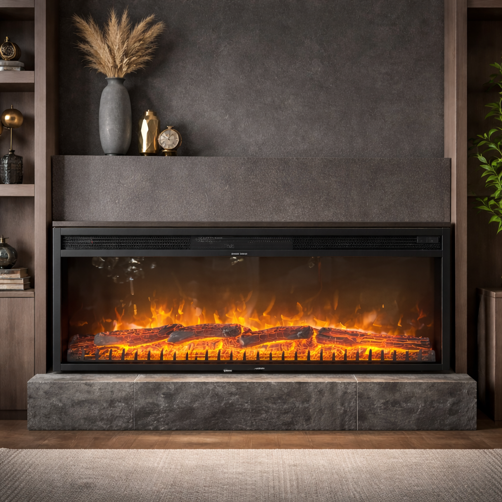 Modern electric fireplace with decorative items on a dark wall