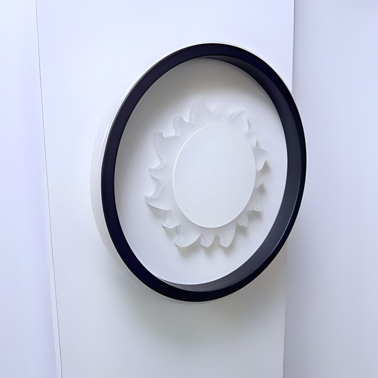 Modern circular LED wall light with heart-shaped design, fixed on a white wall.
