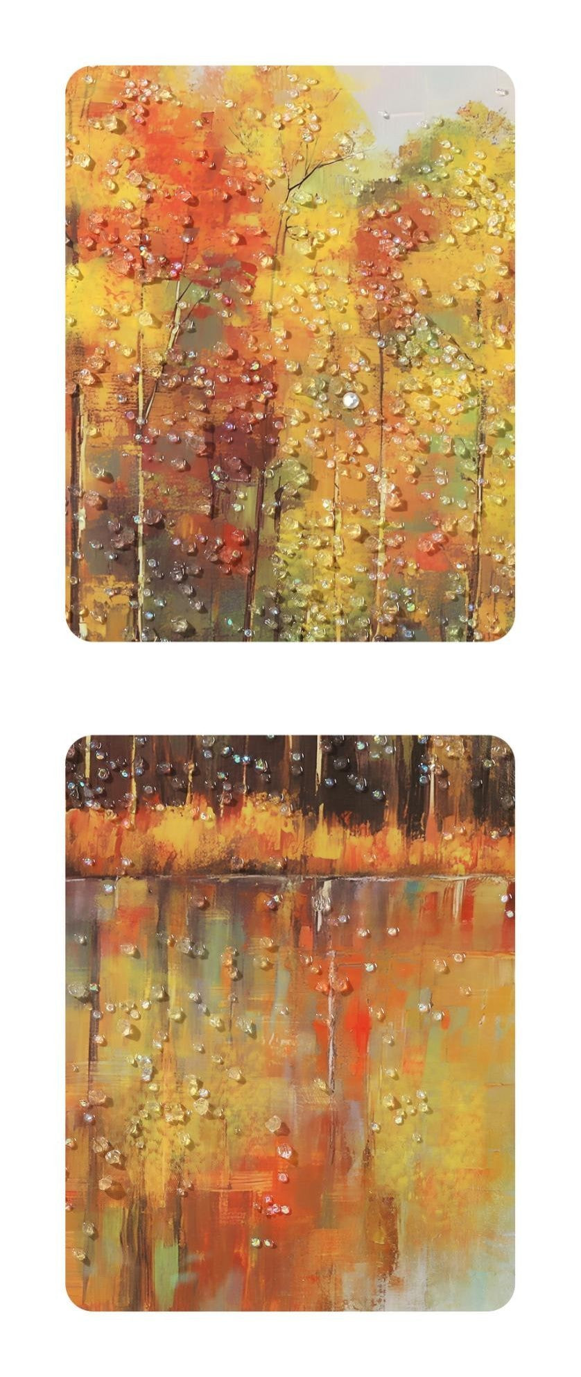 Two abstract art prints with autumnal colors on a white background