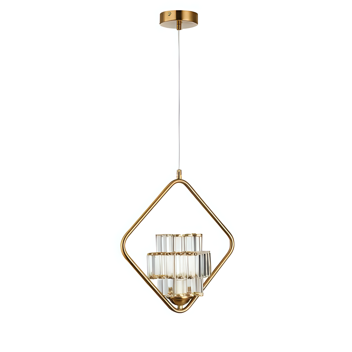 A single pendant light with a geometric gold frame surrounding a cylindrical glass shade, hanging from a white ceiling.