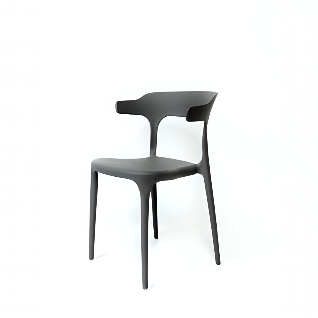 A grey plastic chair with a hard backrest and seat without any visible brand markings.