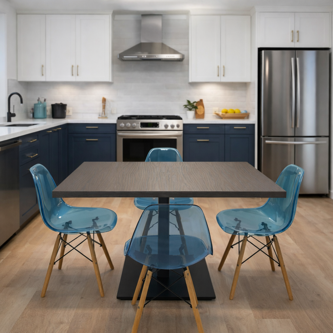 Modern Dark Wood Dining Set With Blue Chairs, 120x80cm - JassourCo.