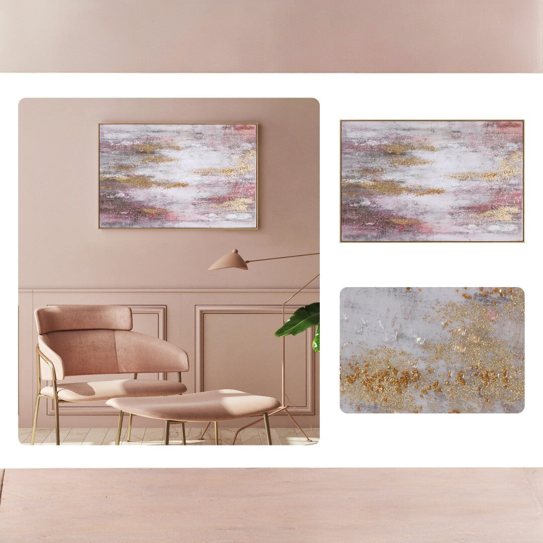 Abstract art piece on a wall with a matching ottoman and chair in a room.