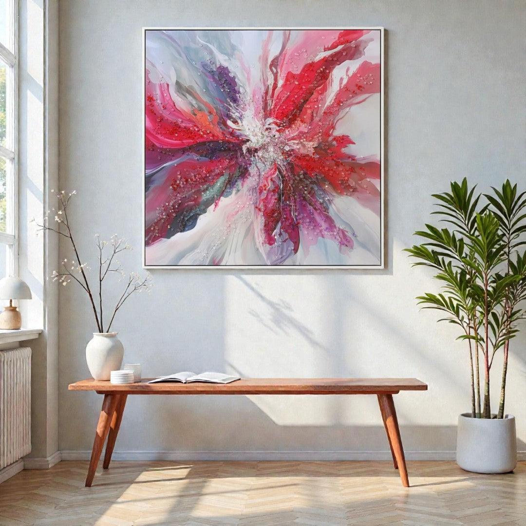 Modern interior with a colorful abstract painting, wooden bench, and potted plants.