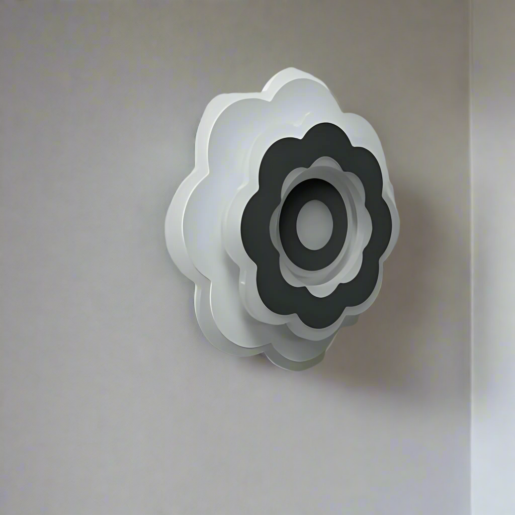 Modern Flower LED Wall Light in a sleek flower shape, crafted from metal and acrylic, fixed on a white wall, emitting soft, warm white light.
