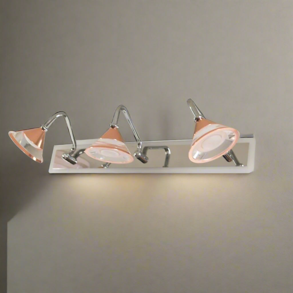 A modern three-light wall fixture with adjustable chrome and glass lampshades.