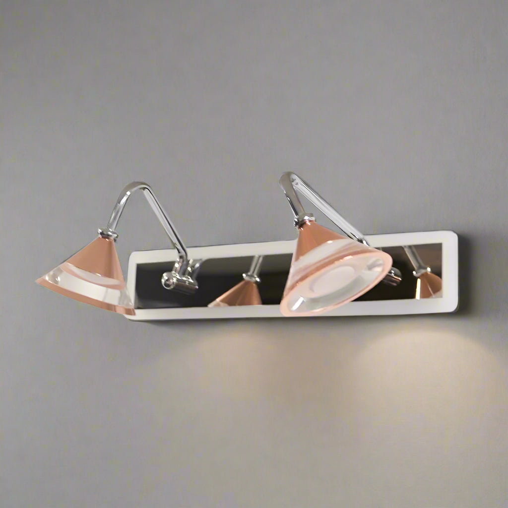 A modern two-light wall fixture with adjustable chrome and glass lampshades.