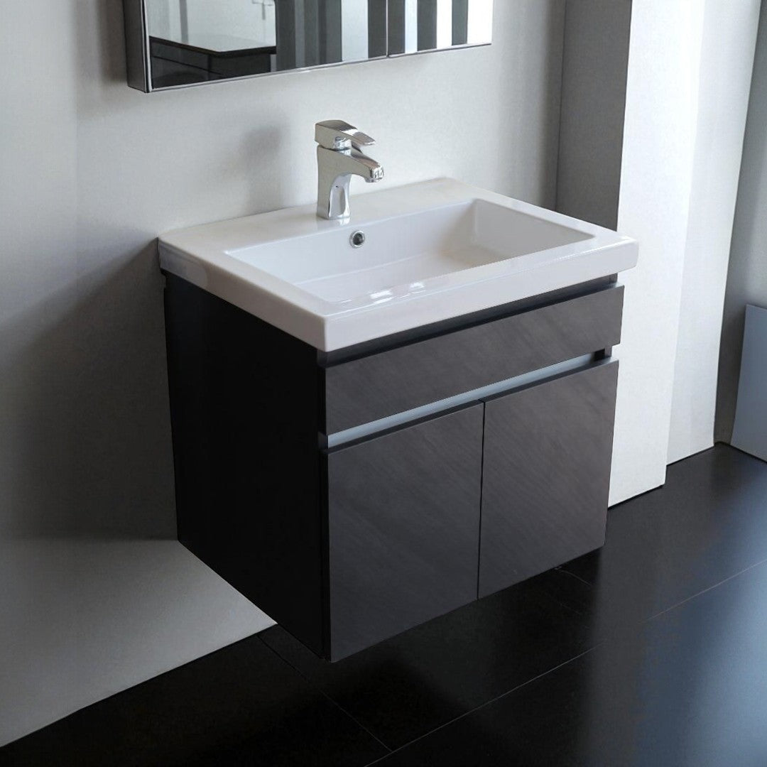Bathroom vanity with sink and faucet in a modern setting