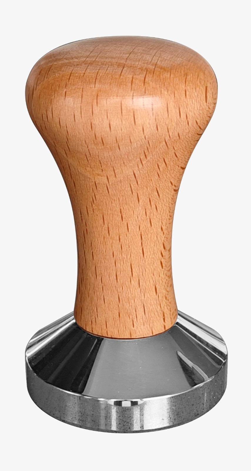 Wooden-handled metal tamp on a white background