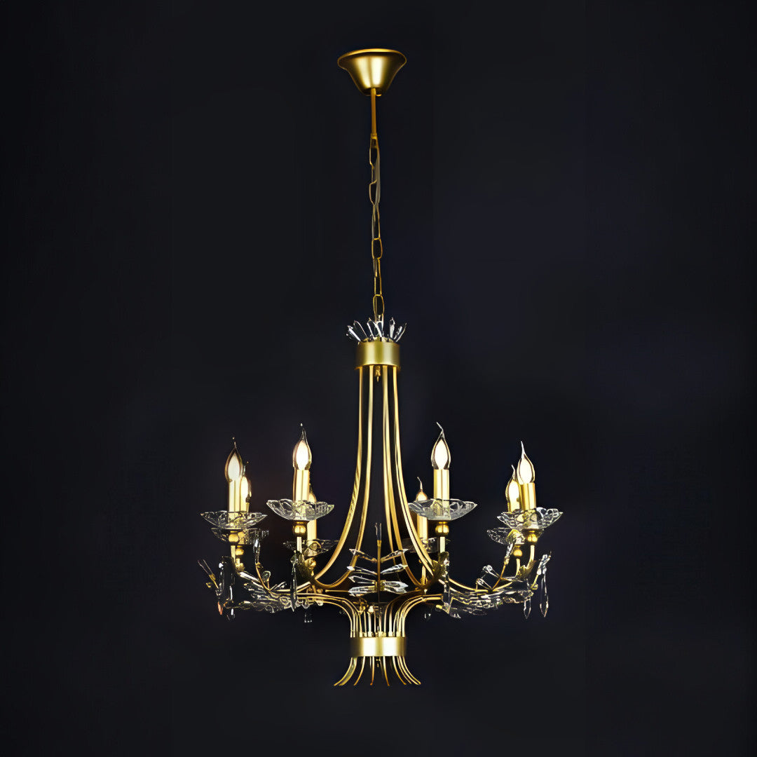 A classic gold chandelier with candle-style lights and intricate metalwork.