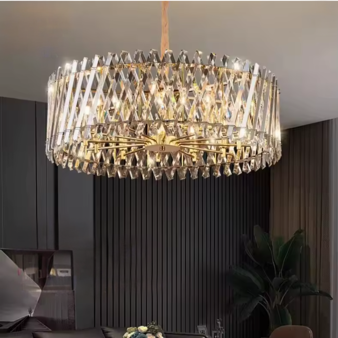 Chandelier hanging in a room with a modern interior design.