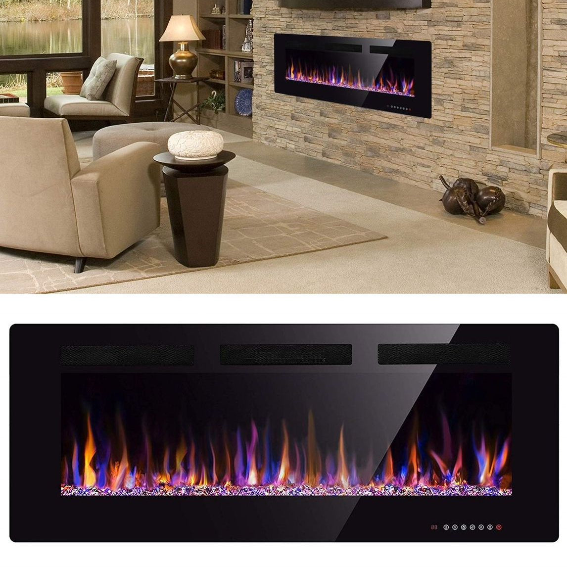 Modern living room with a wall-mounted electric fireplace and decorative elements.