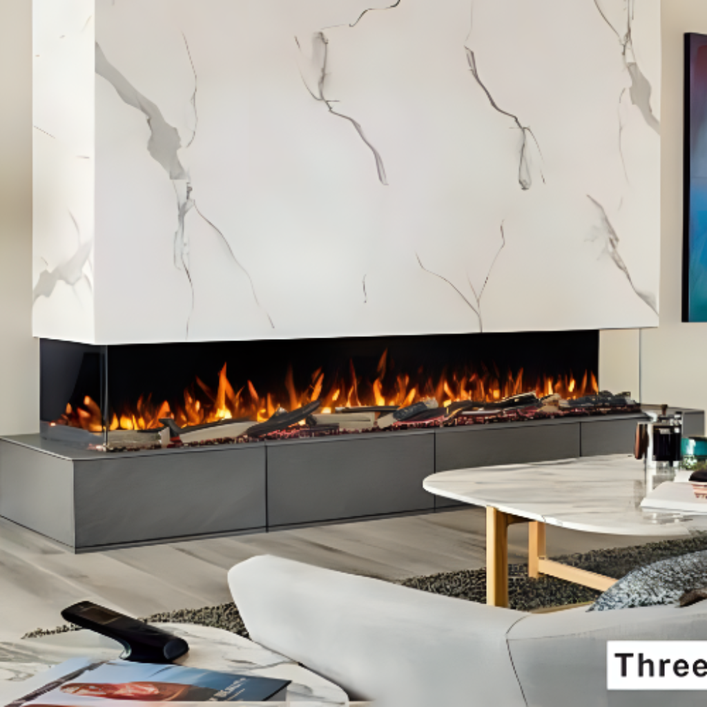 A luxurious living room with a built-in corner electric fireplace featuring realistic orange flames, integrated into a white marble wall.